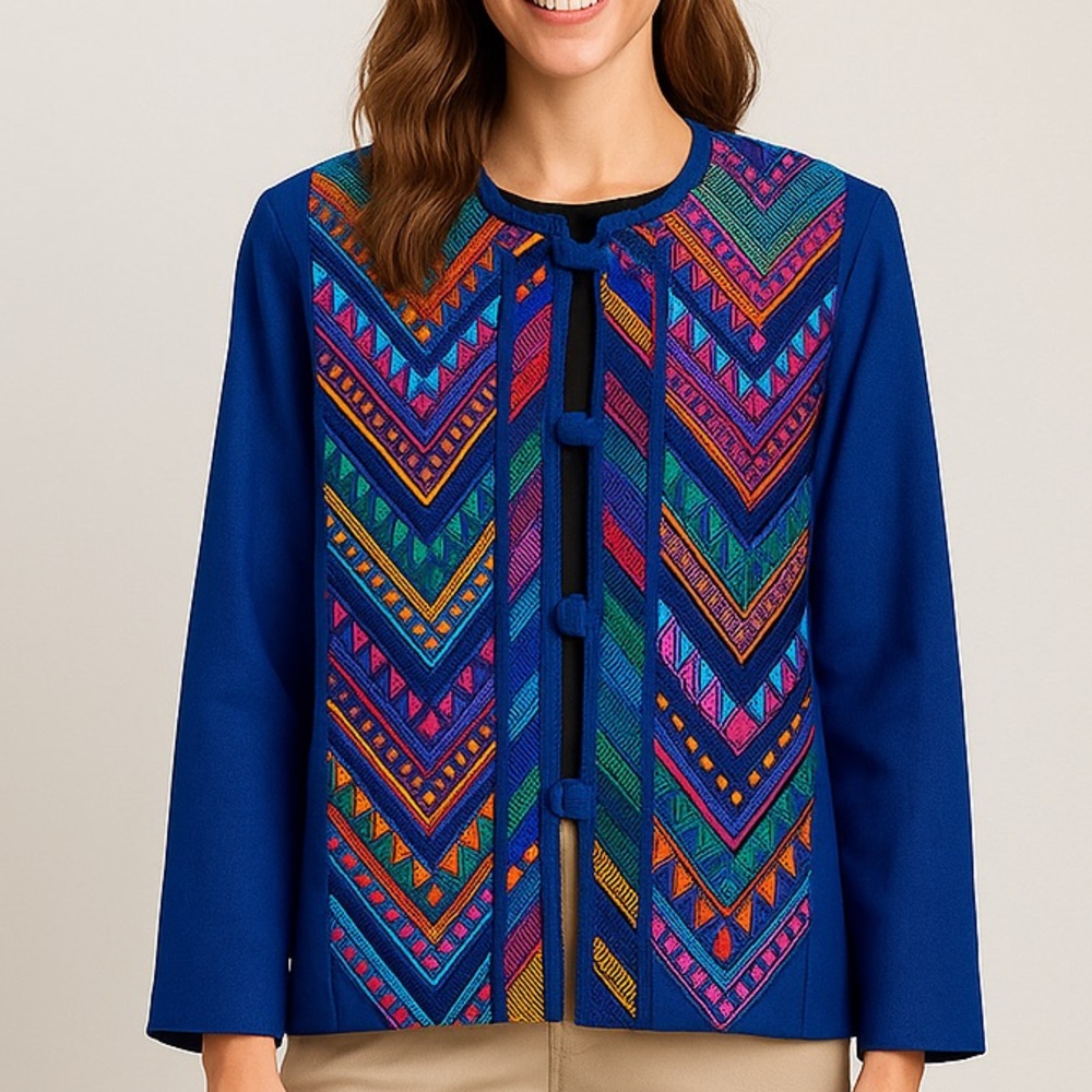 Vintage Guatemalan Art To Wear Jacket Blue Multicolor Woven Tapestry Sz M